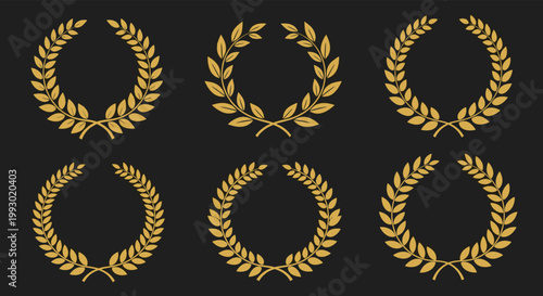 Collection of golden laurel wreaths and foliage frames representing victory, honor, and achievement on a solid black background.