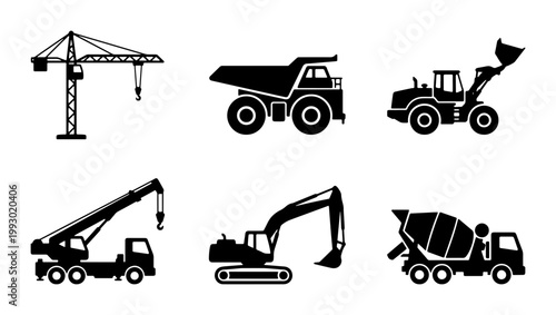 Heavy construction machinery silhouette set, industrial vehicle icons with excavator and crane, 6 black vector equipment illustrations for building sites