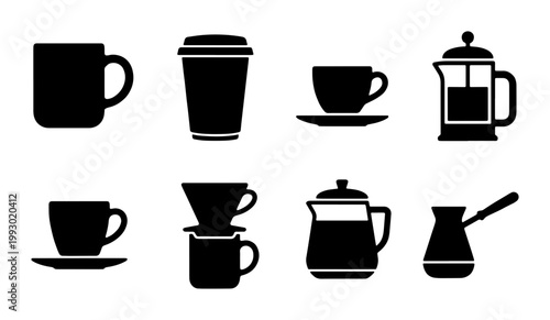 Minimalist coffee icons set, black silhouette caffeine drink symbols, 8 vector elements featuring mugs, french press, and espresso cups for cafe branding