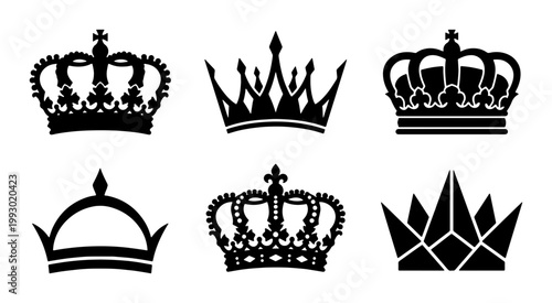Royal crown silhouettes collection, set of 6 black heraldic king and queen icons, vintage imperial headwear symbols, majestic monarch vector elements
