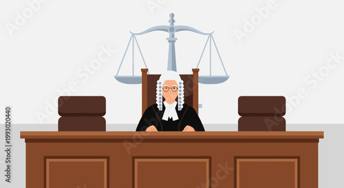 Professional judge wearing a traditional wig and gown sitting at a wooden courtroom bench with the scales of justice for a legal trial.