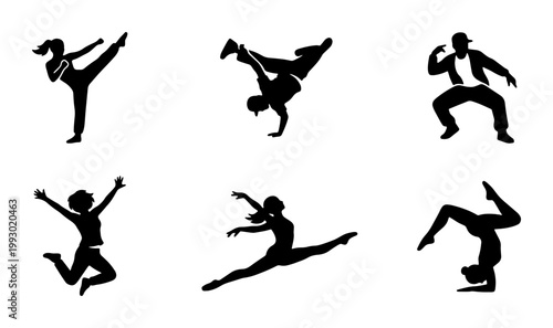 Dynamic dancer silhouettes set, 6 black vector icons of people dancing. Hip hop and breakdance performers, ballet and contemporary dance poses