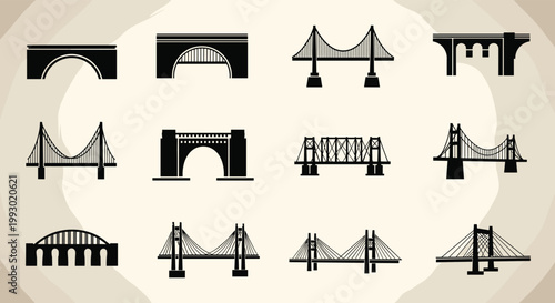 Set of black bridge silhouettes in various architectural styles including arch suspension and cable-stayed designs on a beige background.
