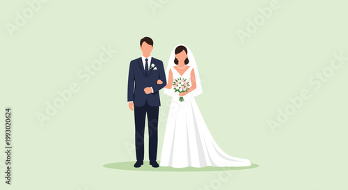 Beautiful illustration of a wedding couple with the groom in a blue suit and the bride in a white gown holding a bouquet of flowers.
