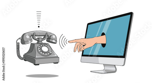 Surreal concept showing a hand reaching out from a computer screen to dial an old rotary telephone representing digital connectivity.