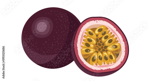Detailed illustration of a whole purple passion fruit and a cut half showing the yellow pulp and black seeds on a white background.