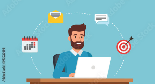 Happy businessman working on a laptop with icons representing his schedule communication goals and tasks floating around him.