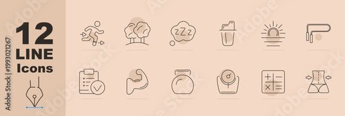 Healthy lifestyle and wellness line icons set with running, park, sleep, smoothie, sunrise, pull up bar, checklist, muscle, kettlebell, scale, habit tracker and waist slimming