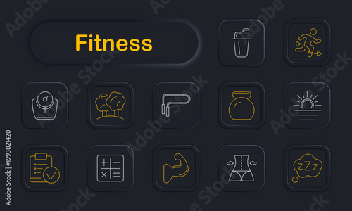 Fitness activity set icon. Dark style icons display scale weight, trees park, jump rope, kettlebell, sunrise, checklist plan, math board, muscle arm, waist training, sleep rest, bottle shaker