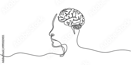 Single line of a human head profile with brain inside mind in white background