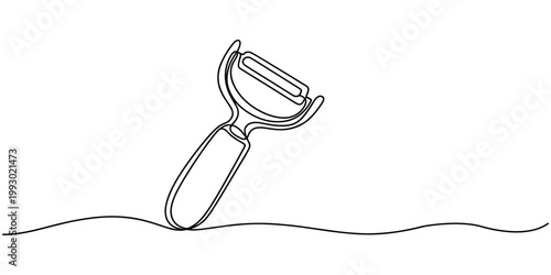 Single line of a kitchen peeler on a wavy line kitchen utensil cooking tool food preparation vegetable peeler in white background