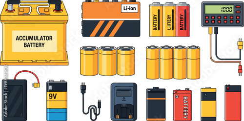 Pixel Art Battery and Accumulator Icon Set with Car Battery, Li-Ion, 9V, Charger, and Power Cells for Retro Game Energy DesignsPixel Art Battery and Accumulator Icon Set with Car Battery, Li-Ion, 9V, 