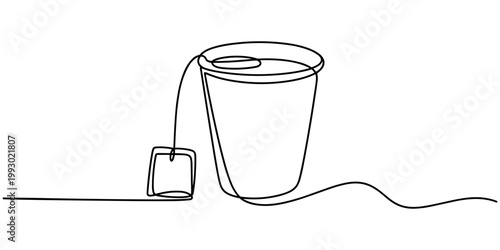 Single line of a paper cup with tea bag and string tea cup single line continuous line minimalist