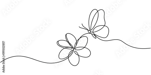 Single line of a plumeria flower and a butterfly single line continuous line minimalist black and white