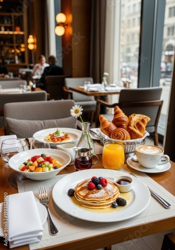 Delicious Breakfast Spread with Pancakes, Fruit, and Coffee.