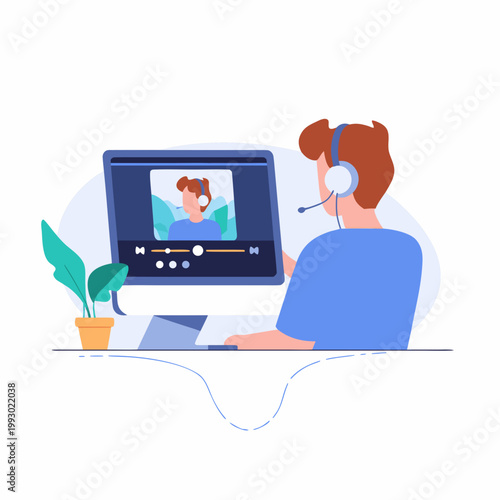 Young Man Video Blogger Working at Computer Desk with Headset and Plants - Vector Illustration