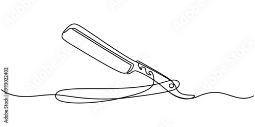 Single line of a straight razor with a flowing handle barber shaving blade sharp in white background