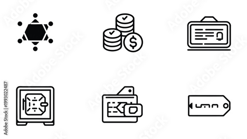 Tableau sur toile Financial Icons for Conceptual Design: A meticulously crafted set of six sleek, monochromatic icons representing pivotal elements of finance, ideal for conceptual design projects