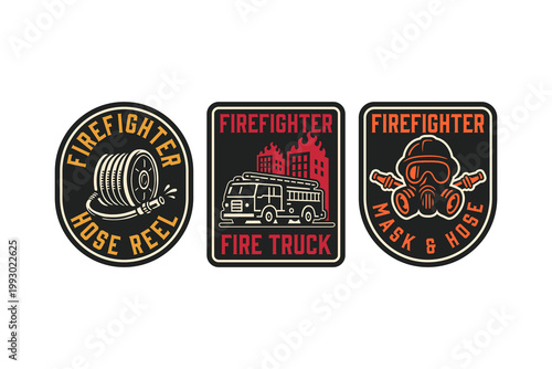 Fire department retro badge logos with hose reel truck and mask for rescue. Firefighting with equipment and fire truck vintage patch sticker pack for emergency services. Vector Illustration
