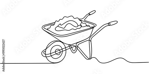 Single line of a wheelbarrow filled with soil and a shovel dirt gardening in white background