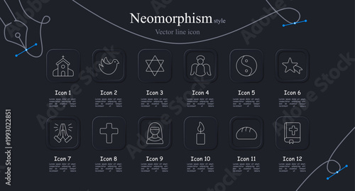 Religion faith set icon. Church building, dove peace, star symbol, guardian angel, yin yang balance, comet star, praying hands, cross sign, nun portrait, candle prayer, bread communion