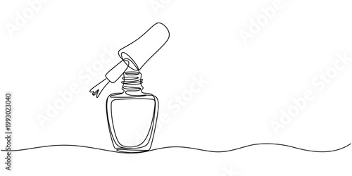 Single line of an open nail varnish bottle with brush nail polish in white background
