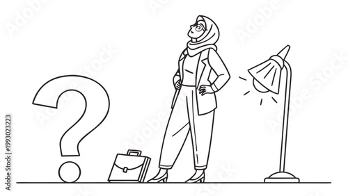 Thoughtful Muslim woman in business attire contemplates a question under a desk lamp's glow.