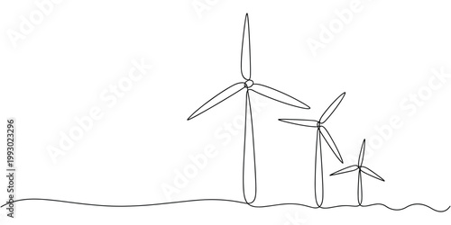 Three wind turbines in a minimalist line style on a white background wind energy renewable energy clean energy
