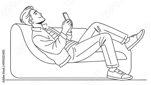 Relaxed man enjoying content on his smartphone while lounging on a sofa.