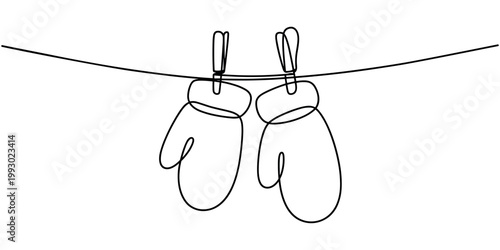 Two black outline mittens hanging on a clothesline with clothespins gloves winter cold clothing