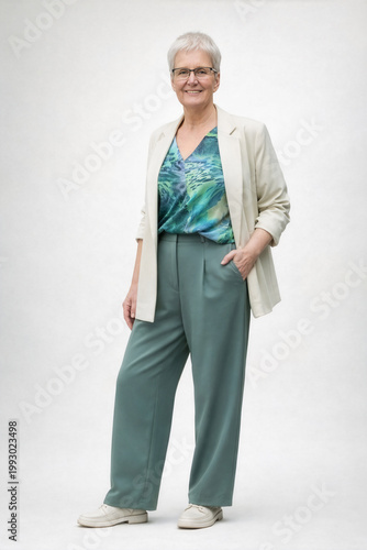 Elegante ältere Frau in beigem Blazer und grüner Hose