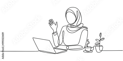 Woman in hijab sitting at desk with laptop coffee and plant waving in white background