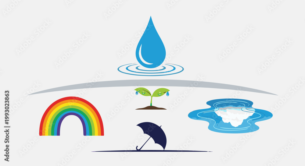 Naklejka premium Water cycle elements drop, sprout, rainbow, puddle, umbrella