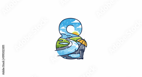 A numeral eight filled with a rainy landscape scene, including sun, clouds, river, and umbrella