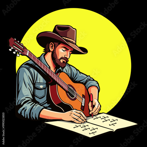 An illustration of a country musician composing a song. Suitable for any business.
