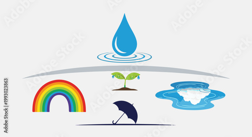 Water cycle elements drop, sprout, rainbow, puddle, umbrella