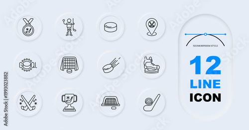 Hockey sport set icon. Line style icons display medal, player action, puck, location marker, goal text, net gate, flying puck, ice skates, crossed sticks, trophy, goal net, stick ball.