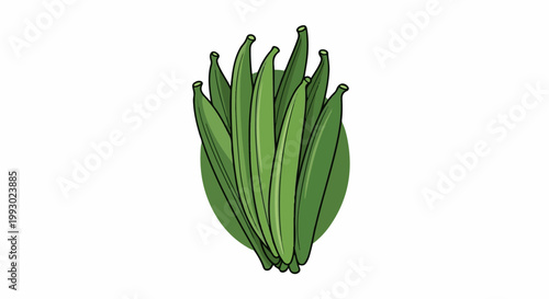 A cluster of green okra pods is presented with a circular green background