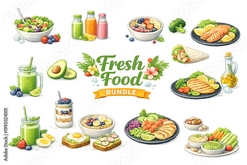 Fresh and healthy food collection, healthy food assortment, fresh organic produce, nutritious meal ingredients, balanced diet concept, clean eating lifestyle, colorful vegetables, fresh fruits selecti