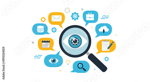 Magnifying glass focused on a digital eye icon surrounded by colorful business and technology symbols representing insight.