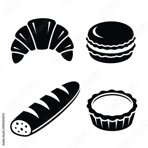 Bakery Pastry Icons Silhouette Set  pastry, bakery, bread, croissant, macaron, tart