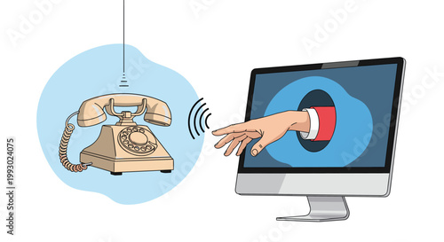Hand reaching out of a modern computer monitor towards a vintage rotary telephone representing digital and traditional connection.