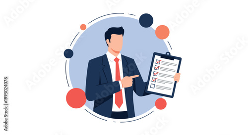 Professional businessman in suit holding clipboard and pointing at completed checklist or task list on paper document.