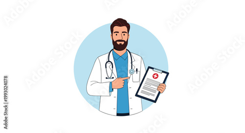 Professional male doctor in white coat with stethoscope pointing at medical history report on clipboard in his hand.