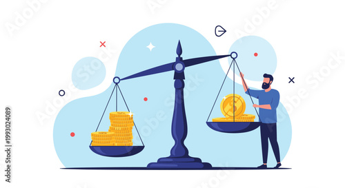 Bearded man in blue shirt standing next to large scale balancing stacks of gold coins for financial stability and wealth.