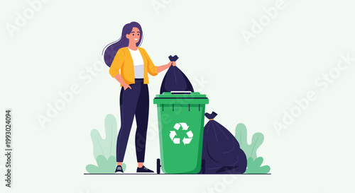 Environmentally conscious woman standing by a green recycling bin and disposing of a trash bag to promote waste management.