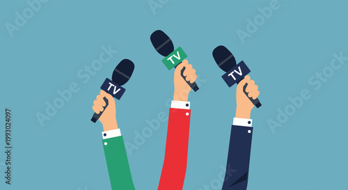 Multiple hands holding microphones with tv labels raised against a blue background representing a press conference or interview.