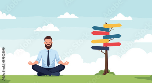 Calm businessman meditating in a nature setting in front of direction signposts representing decision making and career choice.