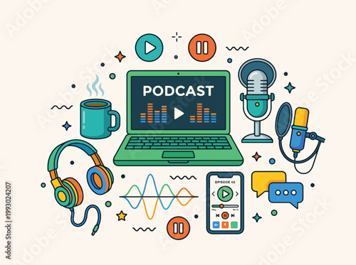 Modern Podcast Recording Equipment Flat Illustration for Audio Production