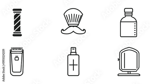 Barber Icons: A set of six vector icons symbolizing the art of barbering, featuring a classic barber pole, a shaving brush and mustache, aftershave, a hair clipper, aftershave, and a barber mirror.